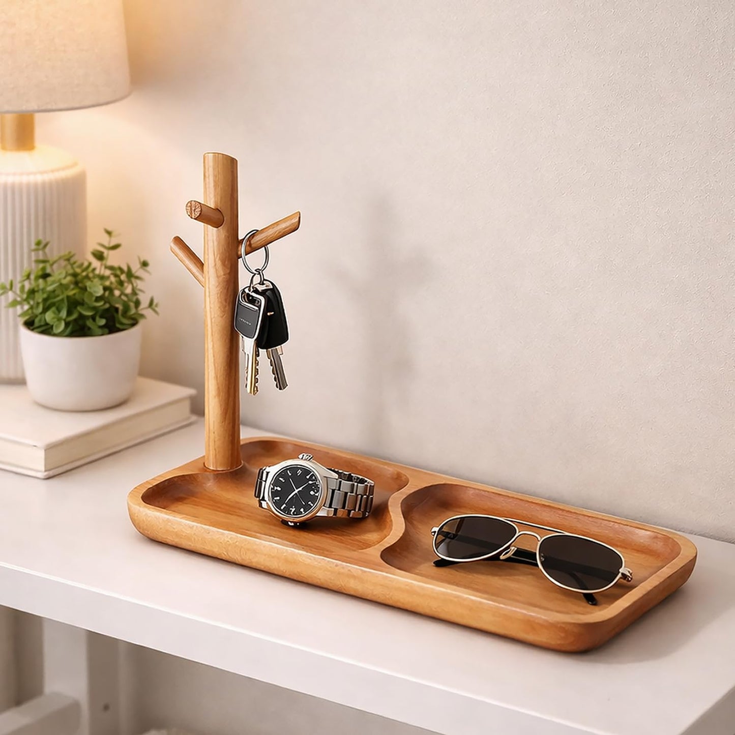 Acacia Wood Key Tray for Entryway Table, Wooden Catchall Organizer with Jewelry Storage Rack, Valet Tray for Keys Wallet Watches Sunglasses Rings(Rectangle)