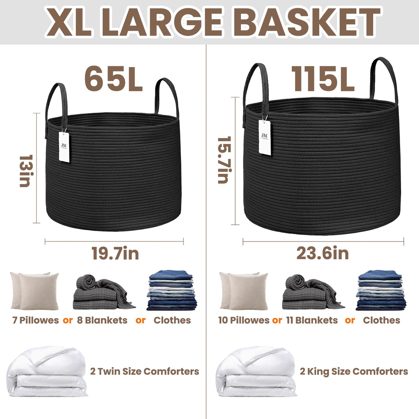 JMvicyroam 65L Extra Large Blanket Basket for Living Room - Woven Cotton Rope Laundry Hamper with Reinforced Handles - Storage Bin for Pillows, Comforters & Toys - Machine Washable,Black
