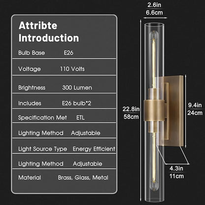 Brass Wall Sconces, 22.8" Bathroom Wall Sconce, Antique Brass Wall Sconces Set of 2, 2-Light Dimmable Wall Sconce, Sconces Wall Lighting With Glass, Bathroom Vanity Light, Tube Sconce for Living Room
