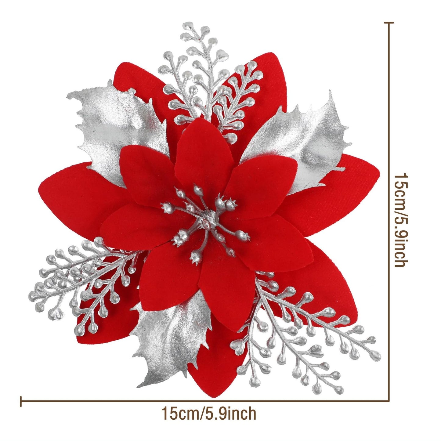 werdecade 12-Pack Christmas Flower Picks, Gold Red Glitter Poinsettia Floral Stems with Alligator Clips for Wreaths, Xmas Tree Decor, Holiday Arrangements (red Silver)