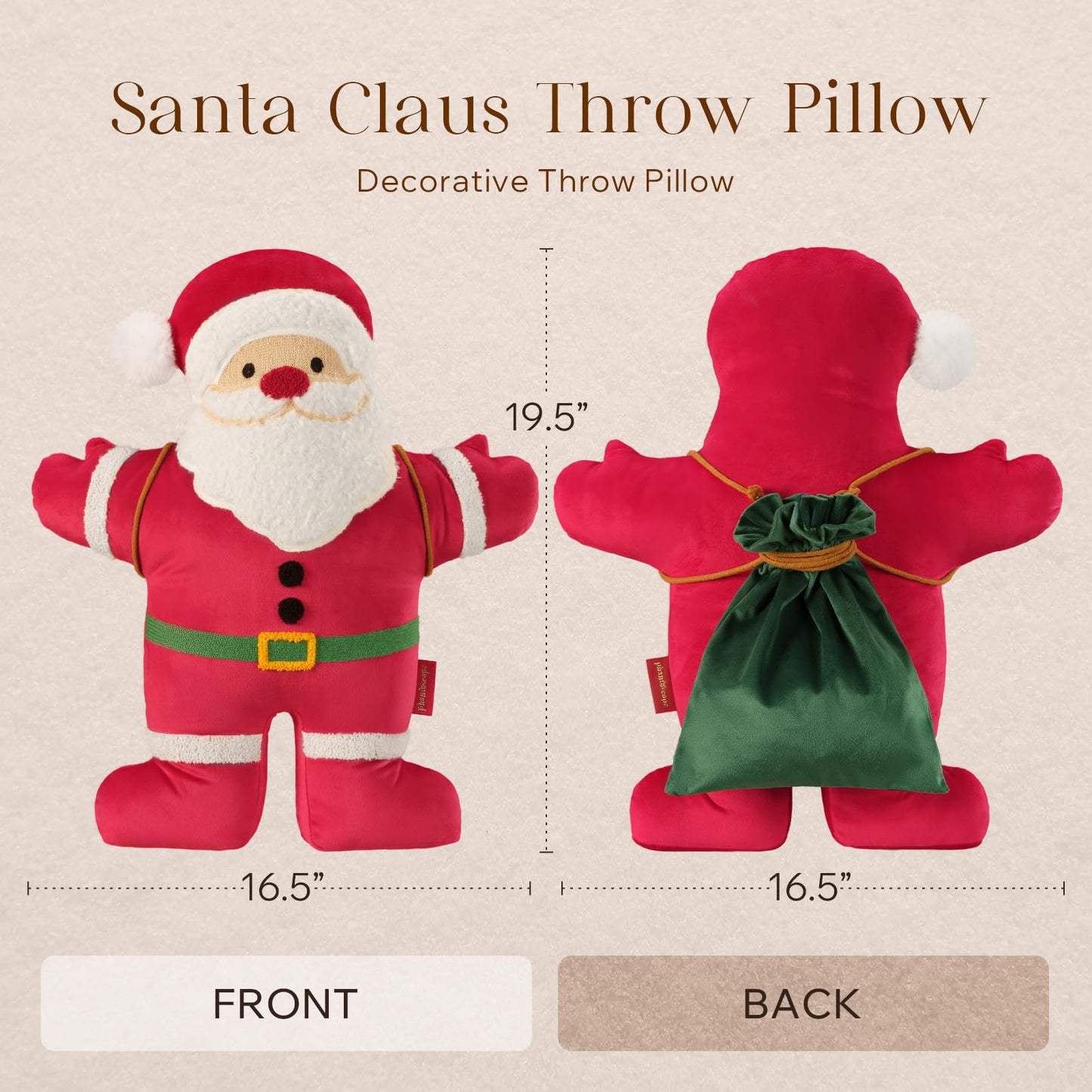Phantoscope Merry Christmas Throw Pillow, Velvet Santa Claus Shaped Pillow with Sherpa Beard & Gift Bag Plush Xmas Decorative Pillow for Couch, Red, 19.5×16.5 inch