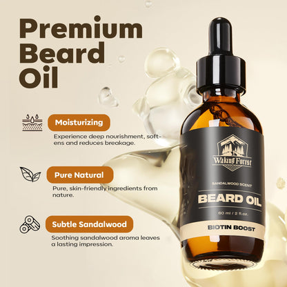 Waking Forest Beard Growth Oil - Biotin Sandalwood Oil with Vitamin E, Rosemary & Castor for Thicker, Softer, Stronger Beards (2oz)