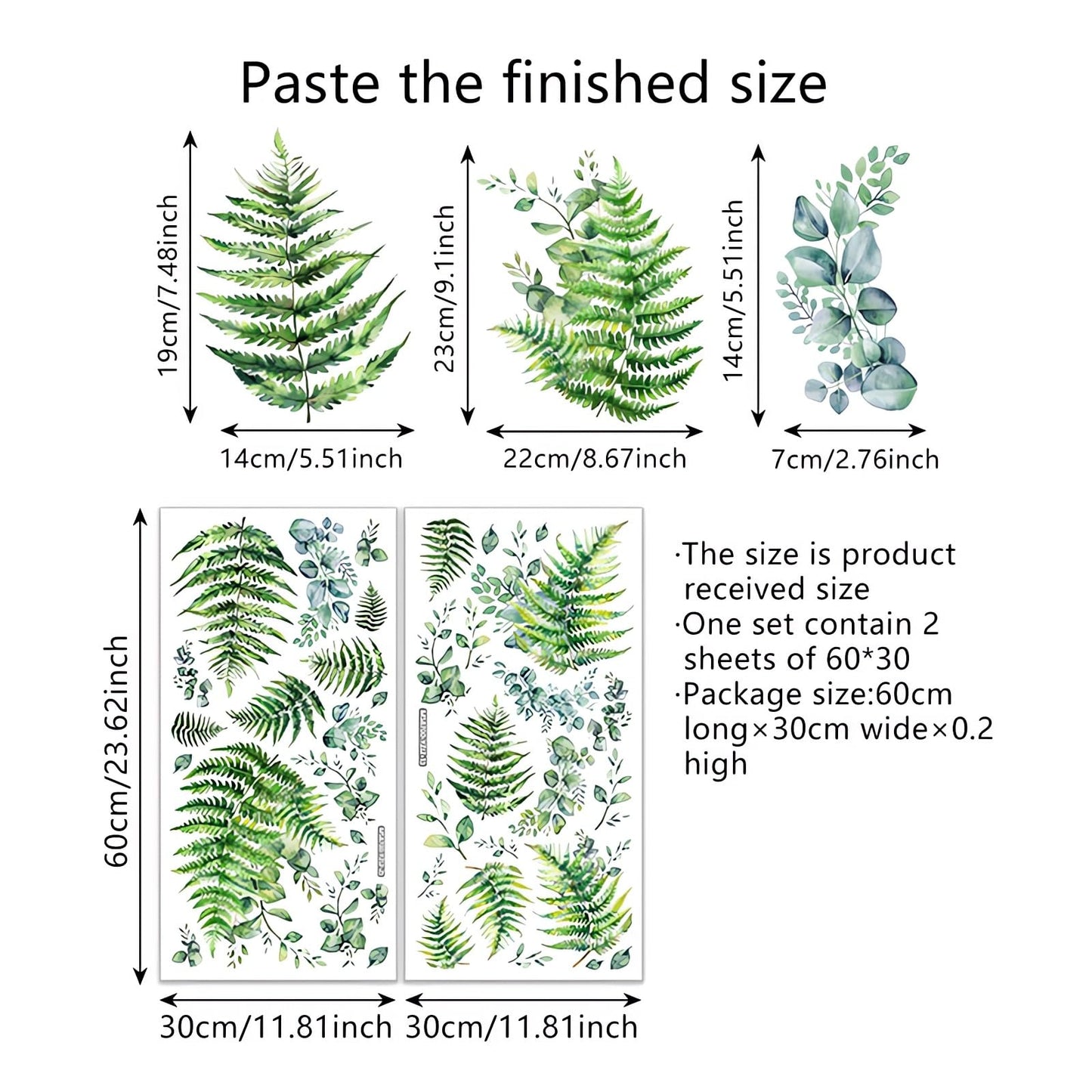 Fern Fronds Leaves Botanical Wall Stickers, sacinora Bracken Green Plants DIY Wall Decals Removable Vinyl Peel and Stick for Living Room Bedroom Kitchen Study Room Art Home Decorations