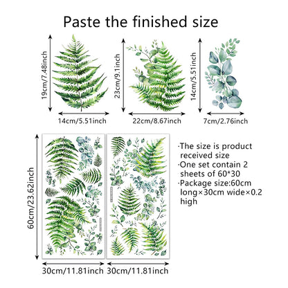 Fern Fronds Leaves Botanical Wall Stickers, sacinora Bracken Green Plants DIY Wall Decals Removable Vinyl Peel and Stick for Living Room Bedroom Kitchen Study Room Art Home Decorations