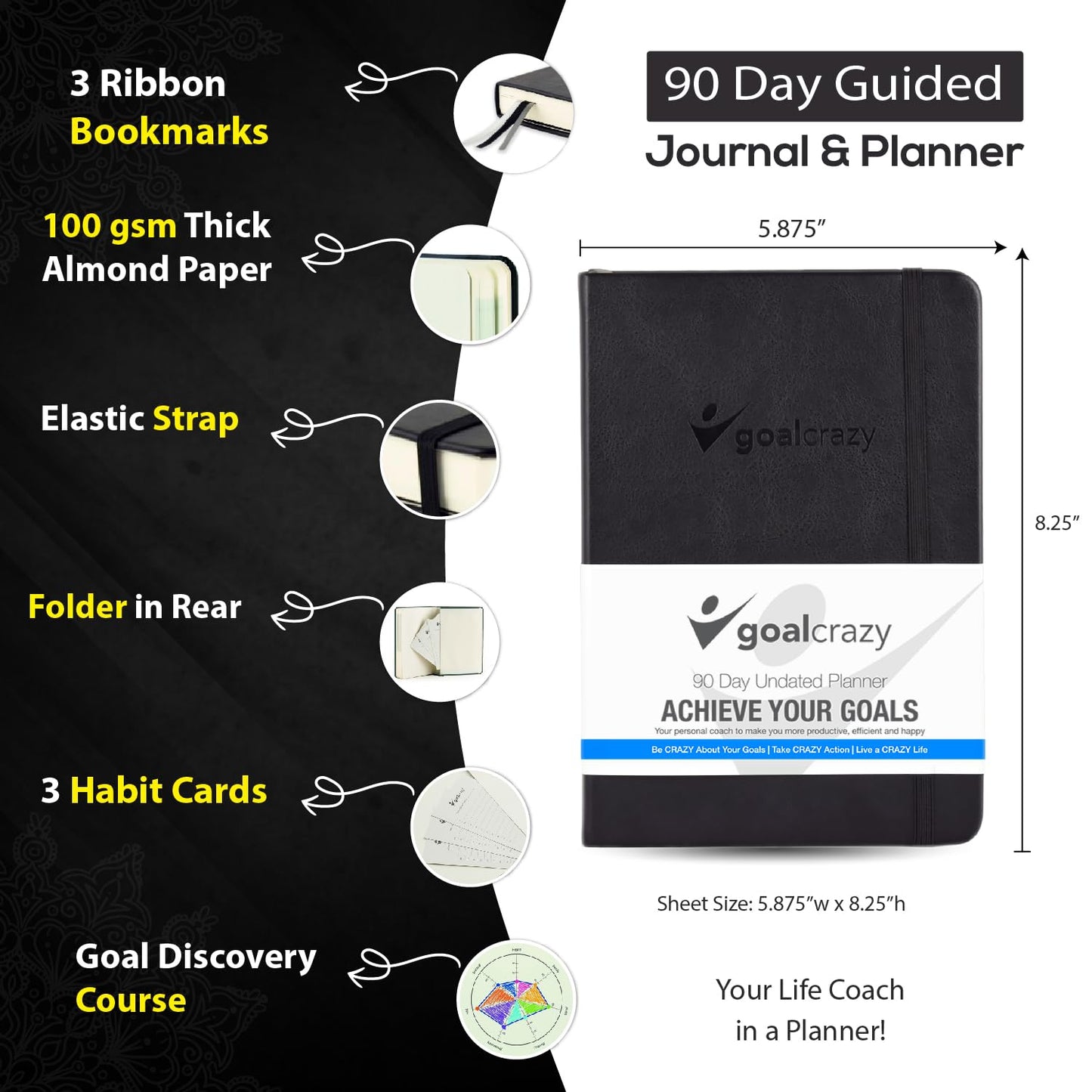Undated Planner – 90 Day Guided Journal & Productivity Organizer, A5 Daily & Weekly Planner 2025 2026 with Goal Setting, Habit Tracker, To Do List, Academic & Work Calendar, Leather Hardcover - Black