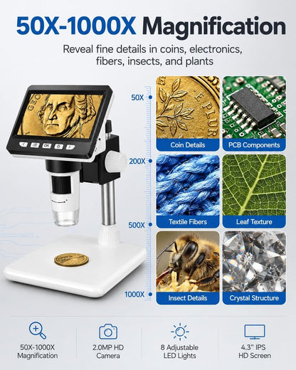 Digital Coin Microscope 1000X, 4.3" LCD Coin Magnifier with Screen for Error Coins, 1080P USB Microscope with 8 Adjustable LED Lights, Photo & Video, Built-in Storage, Compatible with Windows/MacOS