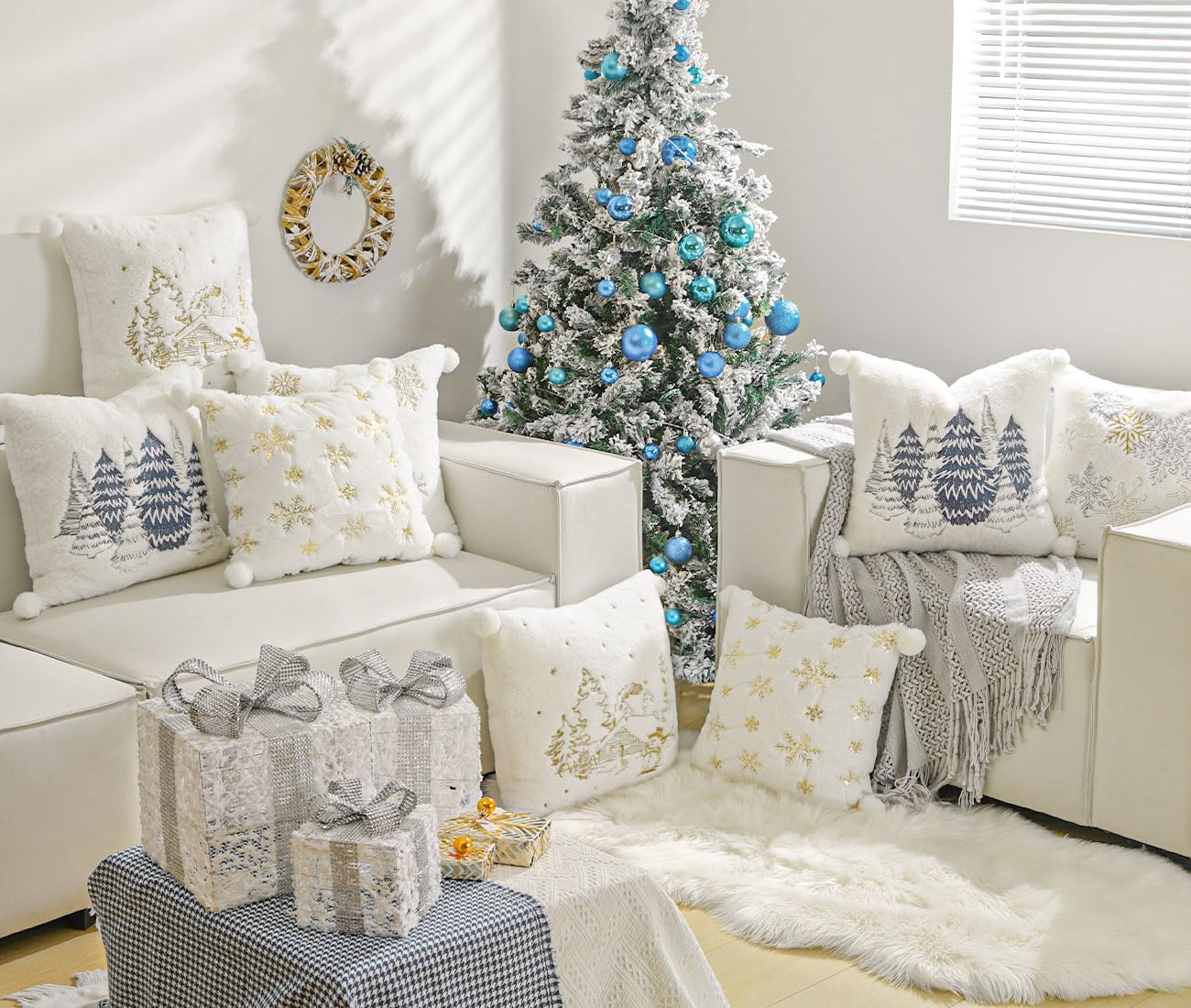 Lewondr Throw Pillow Cover, 18x18 Inch Set of 2 Soft Faux Fur Decorative Pillow Cover with Plush Ball Cute Embroidered Tree House Snowman Throw Pillow Case for Bed Home Decor Living Room, White