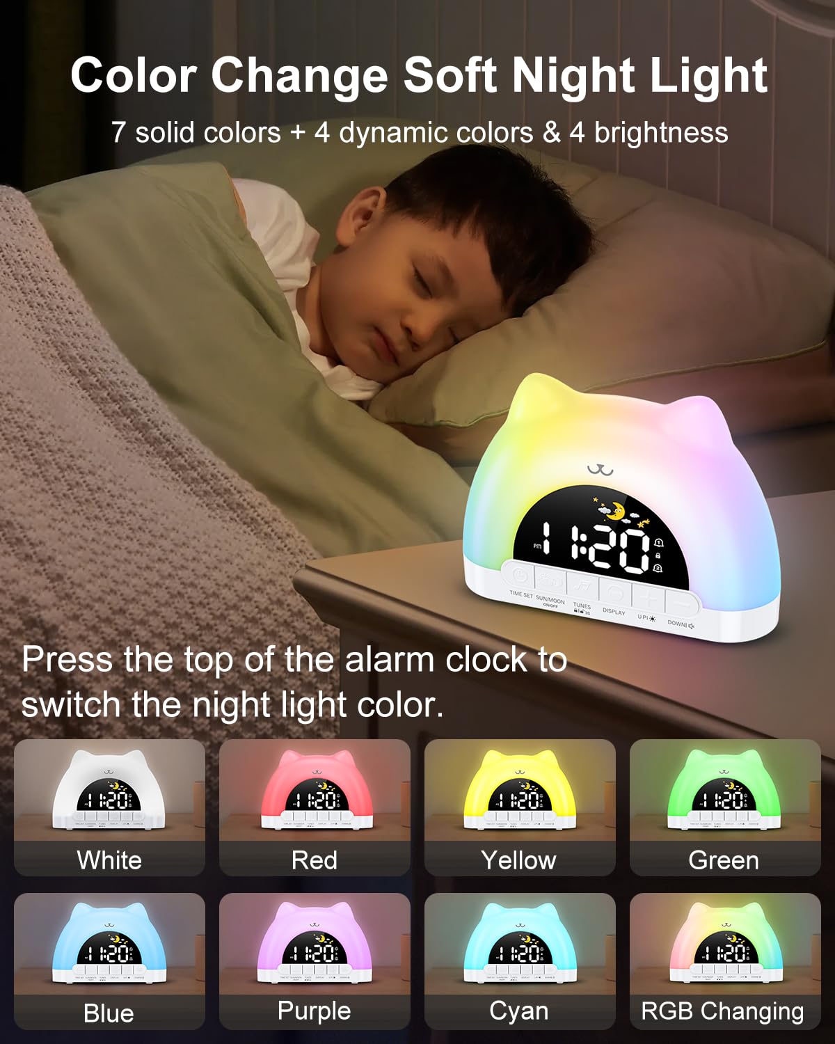 OQIMAX Kids Alarm Clock, Wake Up Clock with 11 Colors Night Light, Toddlers Sleep Training Clocks with 10 Ringtones, Brightness Adjustment, Dual Alarms Plug in OK to Wake Clocks for Girls Boys