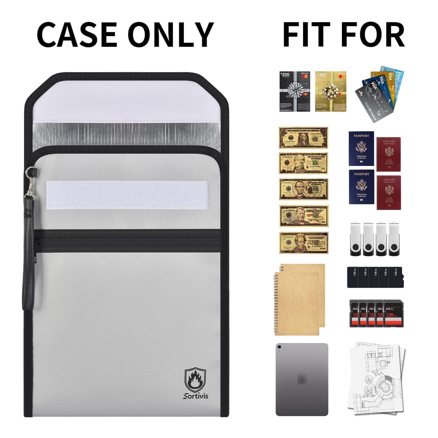 Sortivis Expandable Fireproof Document Bag for Important Documents, Vertical File Organizer with Front Pocket, Water-Resistant Document Holder for Passport, Certificates, Legal Papers & Tablet (Case)