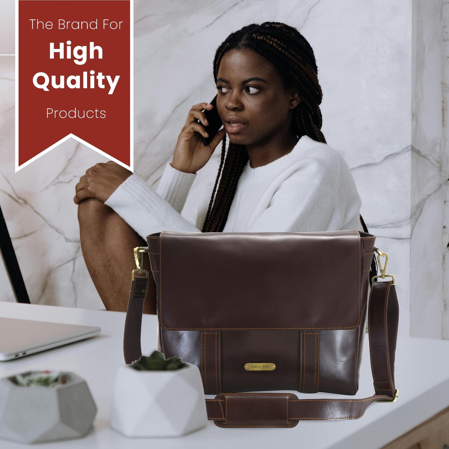 Style N Craft Messenger Bag, Full-Grain Leather Soft Briefcase Laptop Bag for Men and Women, Dark Brown (392005)