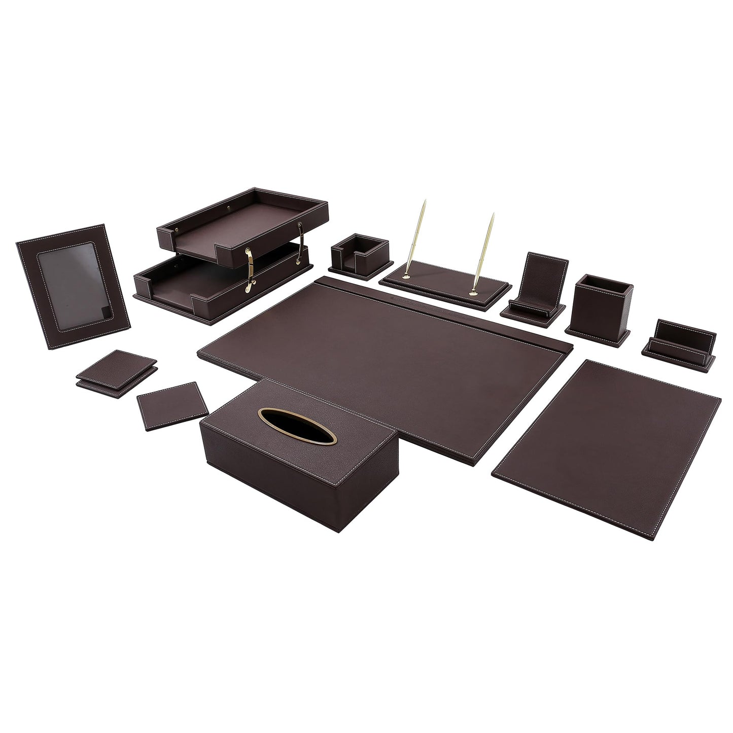 RitPin Desk Set, 11-Piece All-in-One – Executive Desk Accessories & Office Supplies, Leather Desk Organizer with Desk Pad & Blotter, 2-Tier Letter Tray, Luxury Office Desk Decor & Boss Gifts (Brown)