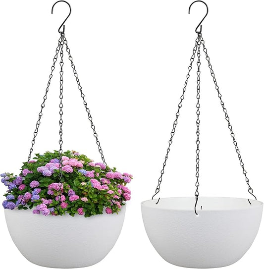 10 inch Hanging Planters for Indoor Outdoor Plants, 2 Pack Hanging Flower Pots with Drainage Holes and Chain for Garden Balcony Porch, Round Plastic Hanging Baskets for House Plants, White