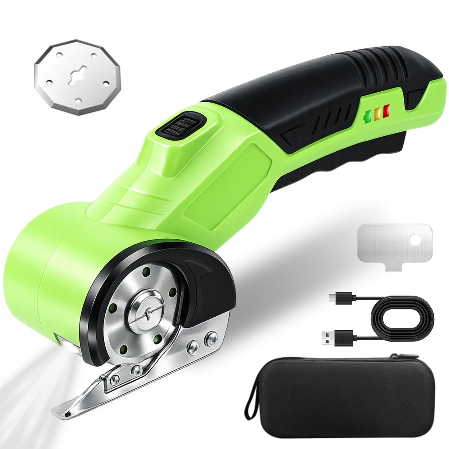 Cordless Electric Scissors, Rechargeable Cardboard Cutter, Powerful 4V Box Cutter with Replacement Blade, Powerful Cutting for Cardboard Box, Plastic, Leather, Fabric, Safety Lock & LED Light