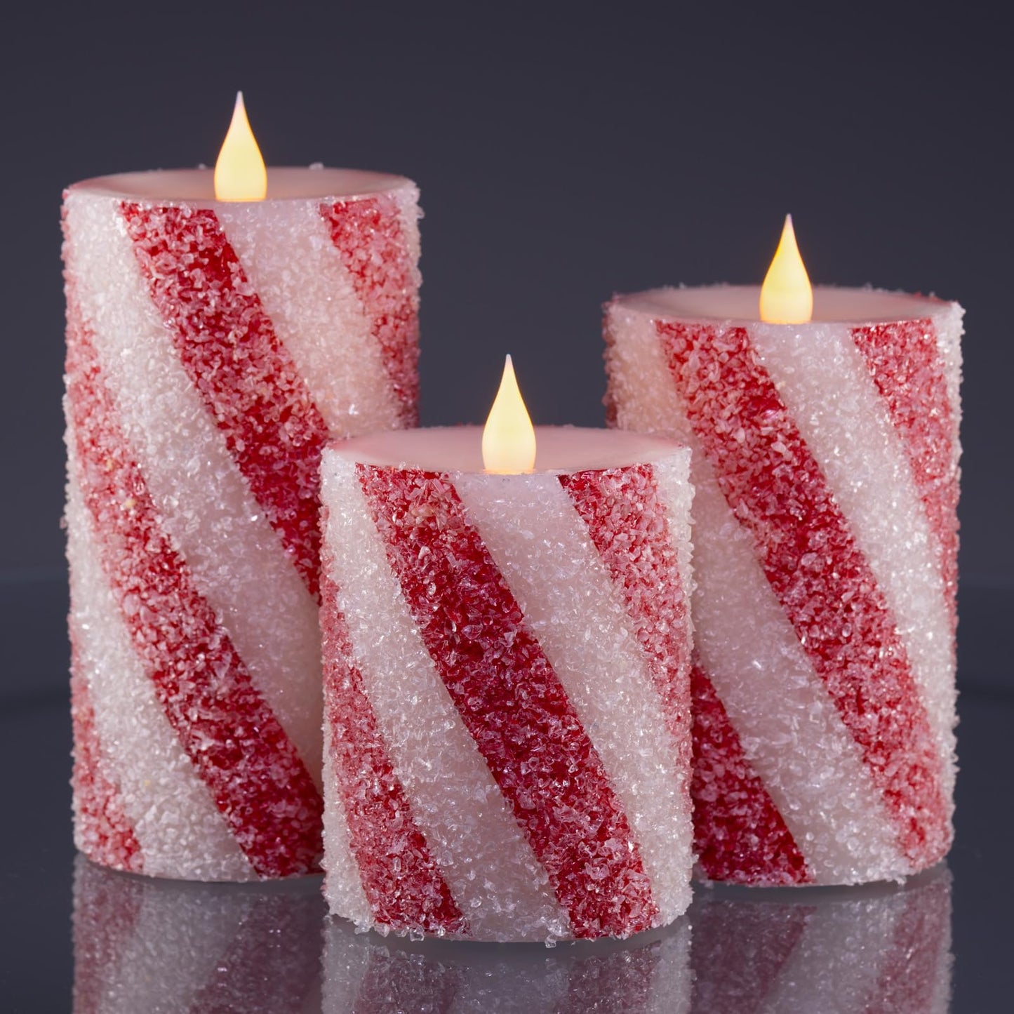 3 Pcs Christmas Candy Cane Stripe Flameless Candles, Real Wax Red &White Glitter Striped LED Pillar Candles with Battery Operated Flickering Flame for Xmas Party, Wedding, Home Decoration D3 x H4"5"6"