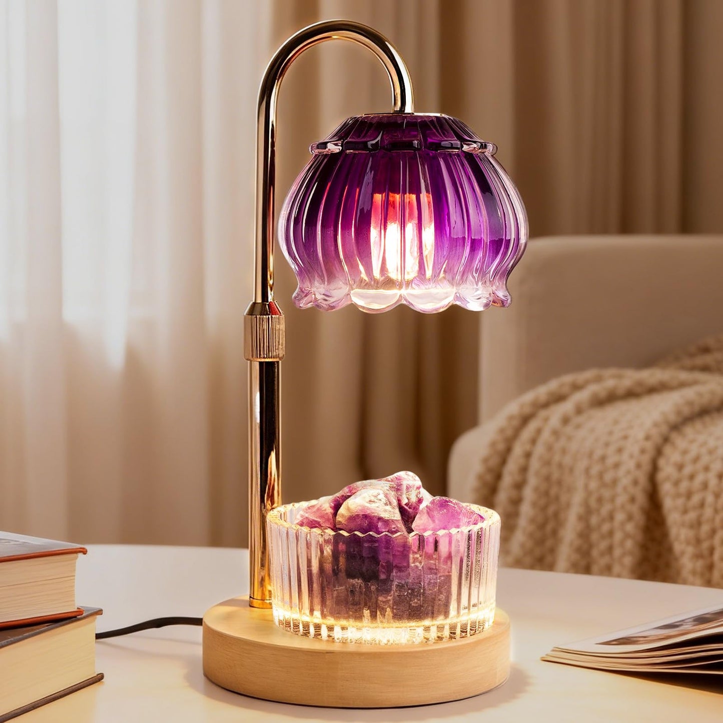 Candle Warmer Lamp with Dimmer & Timer, Adjustable Brightness & Temperature, 2/4/6H Timed, Natural Amethyst Crystals Essential Oil Diffuser & Melting Lamp for Scented Wax Melts, Home Decorative Gift