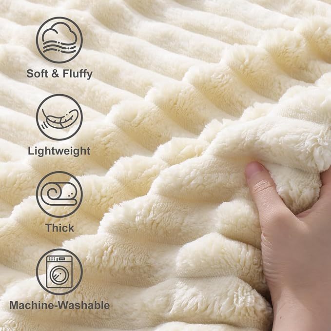 decorUhome Soft Fleece Beige Throw Blanket for Couch, Cozy Fluffy Plush Flannel Striped Blanket for Sofa Bed, Lightweight Decorative Ribbed Fuzzy Blanket for Woman, 50x60 Inches