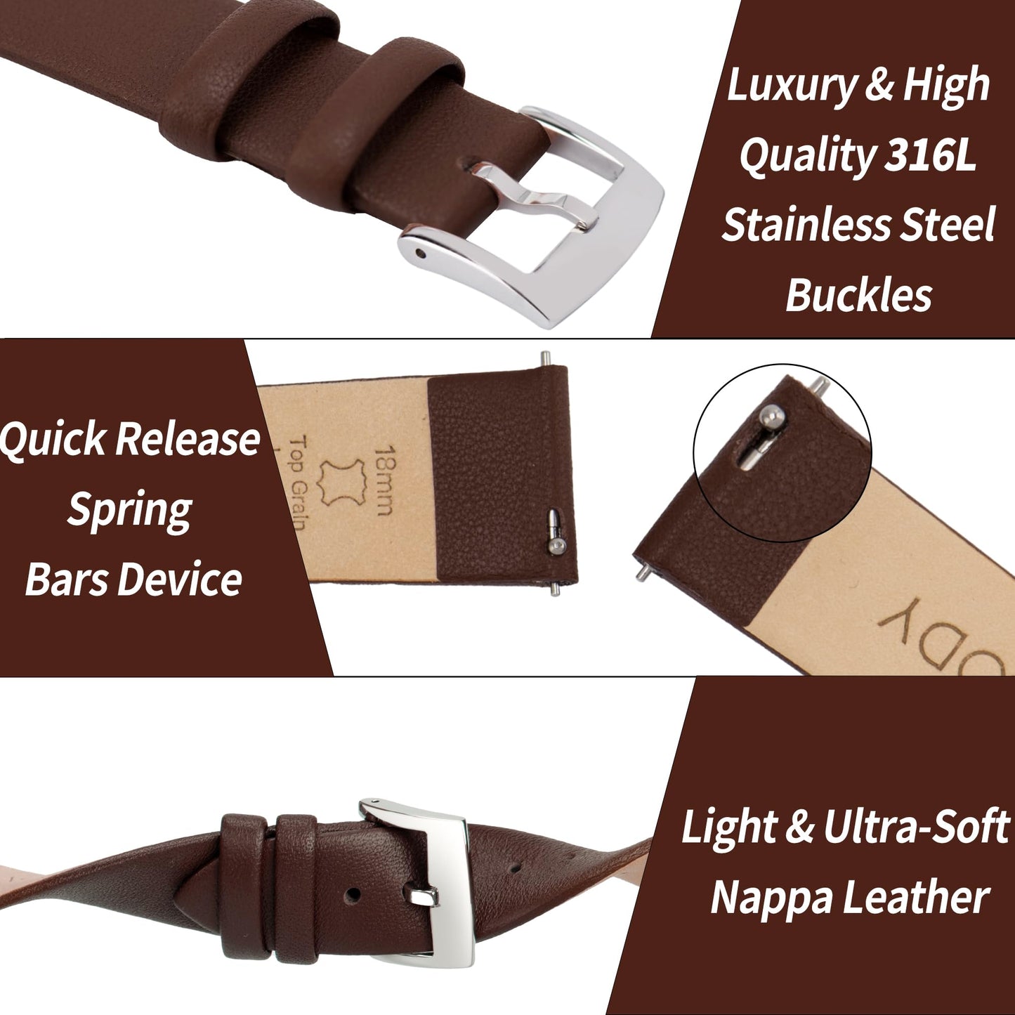 OTTOODY Leather Watch Straps Quick Release Watch Band, Elegant & Ultra Soft Top Grain Leather Watch Strap for Women Men, Choice of Color & Width 22mm 20mm 18mm 16mm 14mm 12mm for Watch & Smartwatch