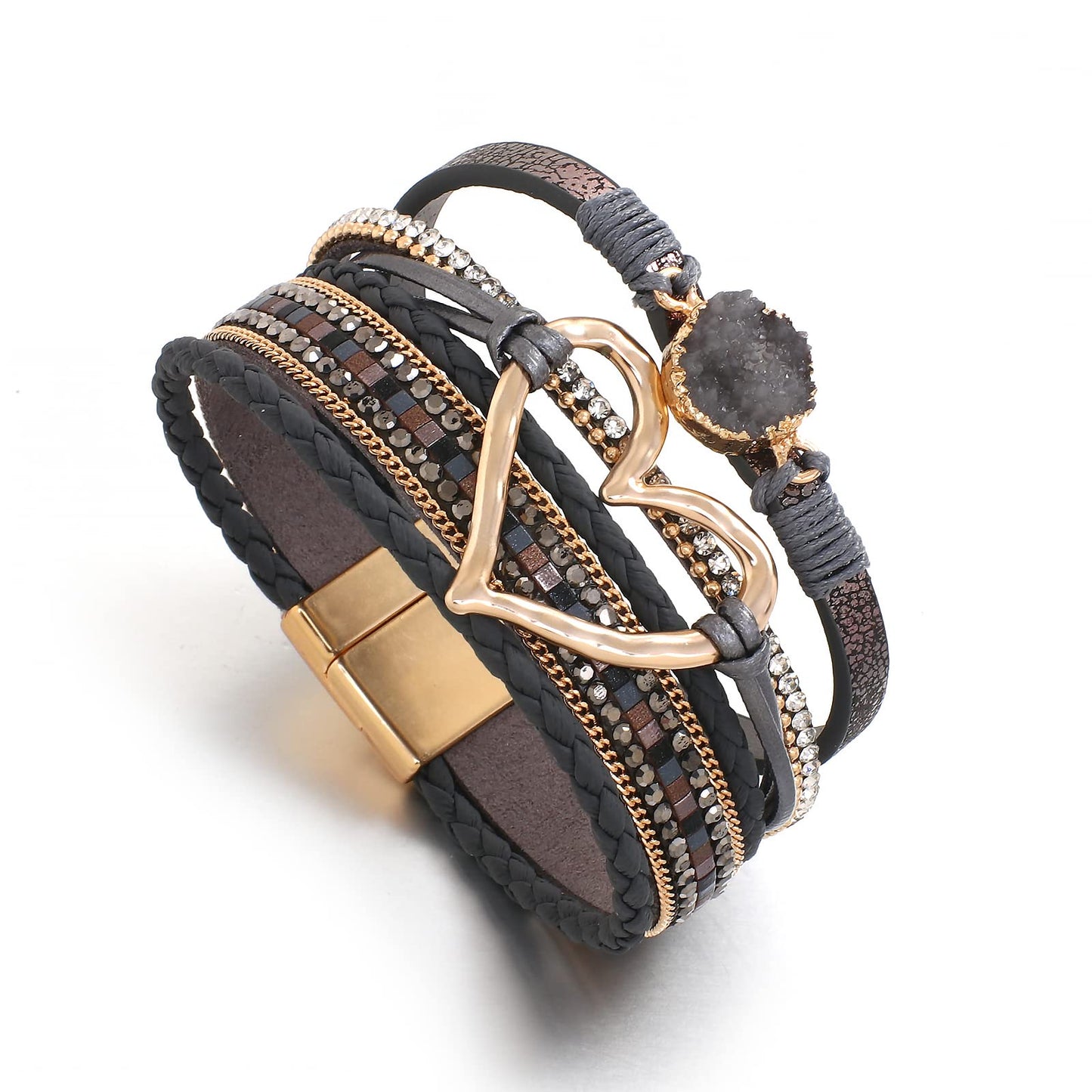 hotoo Leather Wrap Bracelet for Women Gray Beaded Cuff Bracelet with Heart-shape Decor Bohemian Crystal Bracelet Jewelry with Clasp Bangle Bracelet for Women Birthday Holiday Gift