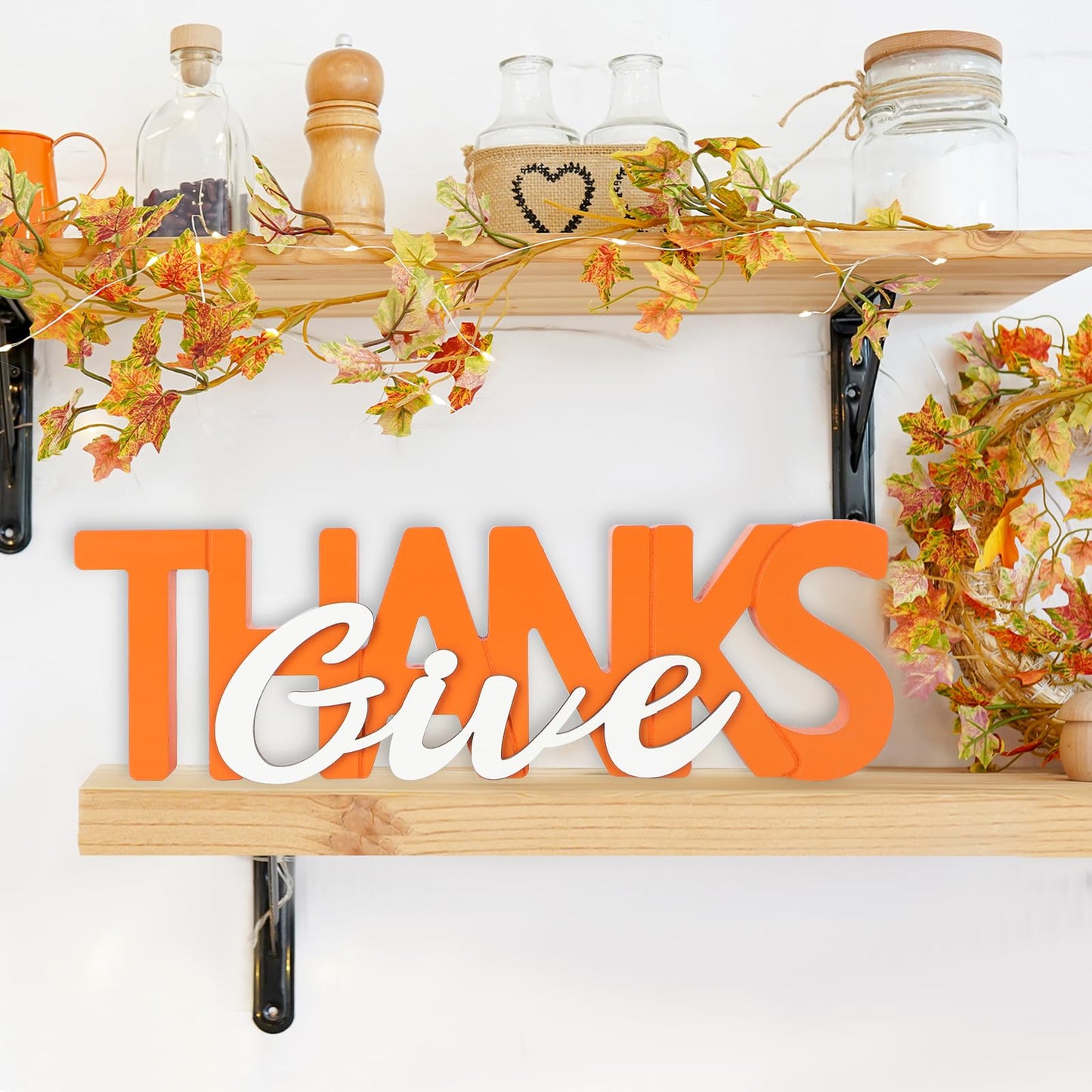 COCHIE Wooden Thanksgiving Give Thanks Sign, Fall Decorations for Home, Office, Shelf, Mantel, Indoor, Wood Thanksgiving Decor, Autumn Table Top Party Decoration (Give Thanks)