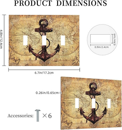 Anchor Nautical Vintage Map 3 Gang Light Switch Covers Triple Toggle Wall Plate Decorative Switchplate Electrical Faceplate for Office Livingroom Home Decor