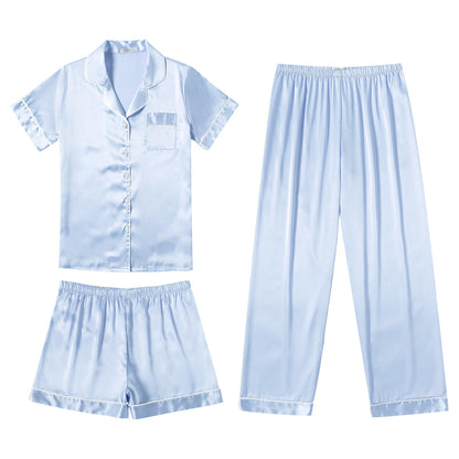 Ekouaer Silk Pajamas for Women Set Satin Pjs Soft Short Sleeve Button Down Sleepwear 3 Piece Loungewear S-XXL