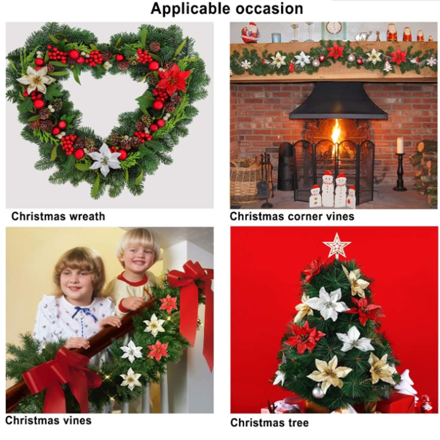 KEPATO Christmas Glitter Poinsettia Christmas Tree Ornaments Pack of 12 (Red)