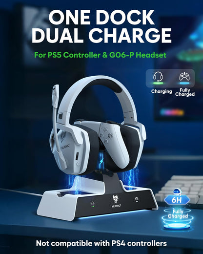 NUBWO G06 Pro Wireless Gaming Headset with Charging Station for Headset & PS5 Controller, 17ms Low Latency, 120H Battery Life, Dynamic 50mm Drivers-White (Only Compatible with PS5)