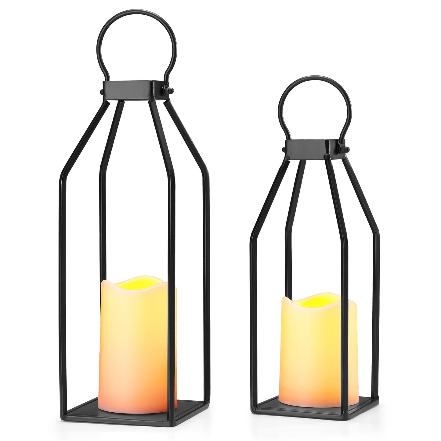Perfnique Modern Farmhouse Lantern Decor, 15'' 13'' Set of 2 Black Metal Lantern, 2 LED 6hr Timer Flameless Candles ＆ Remote Timer, Lanterns Decorative for Outdoor, Home, Indoor, Patio, Christmas