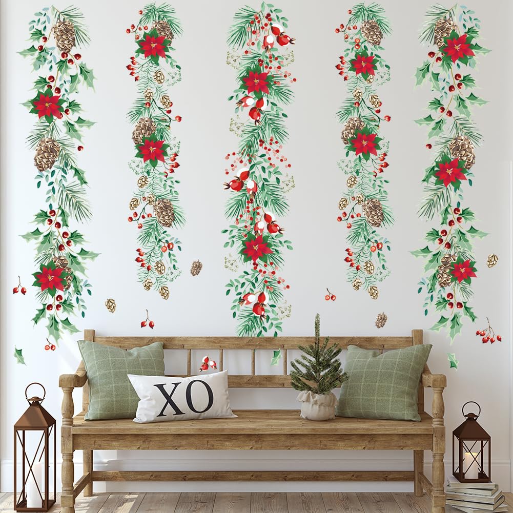 Christmas Garlands Wall Stickers Christmas Pine Cones Red Berry Vine Wall Decals Hanging Poinsettia Green Leaves Flower Window Decals for Xmas Winter Party Home Office Classroom Festival Decoration