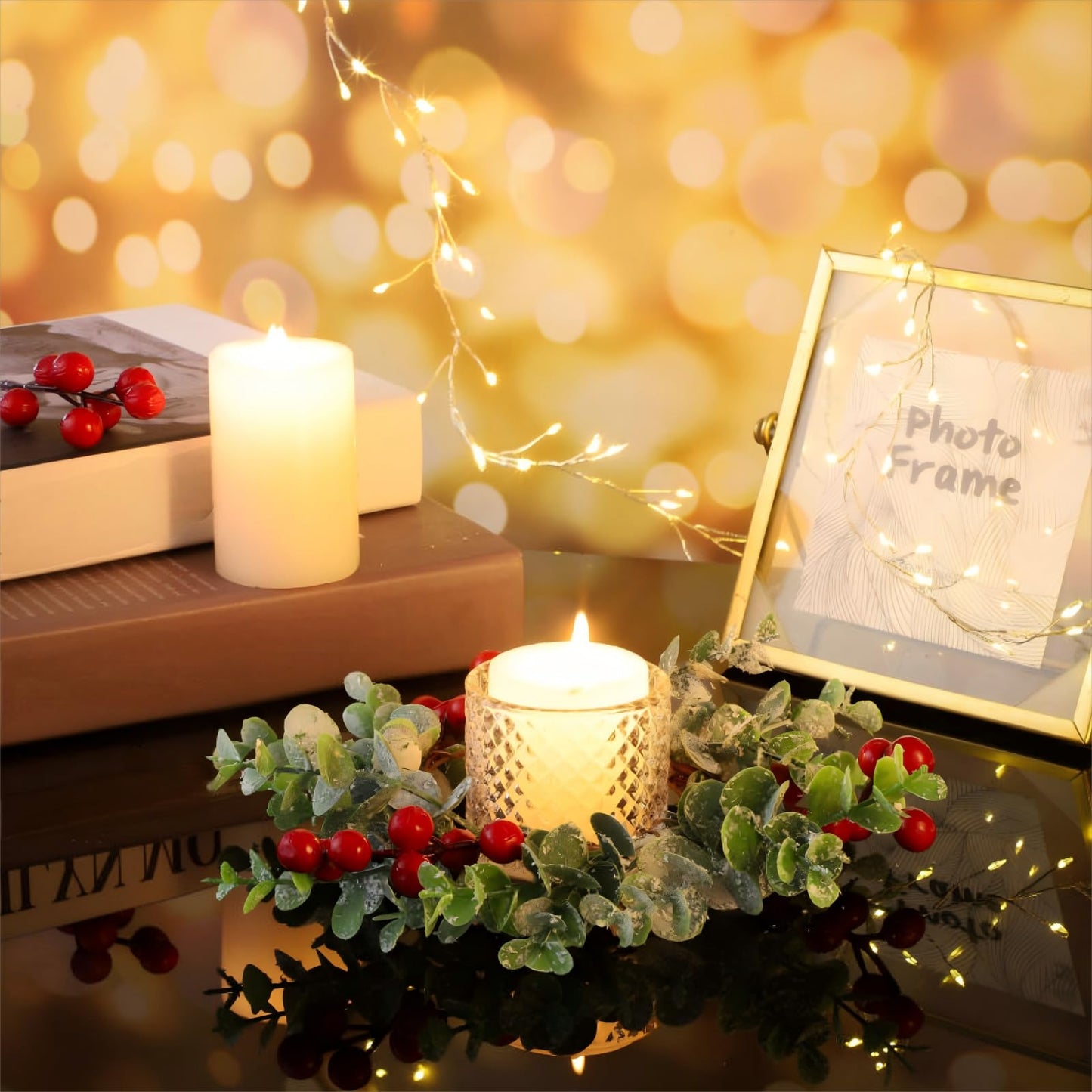WILLBOND 8 Pieces 9.5" Mini Christmas Wreaths for Kitchen Cabinet Small Christmas Candle Rings Red Berries Wreath Pillar Candle Rings Xmas Hanging Garlands for Front Door Fireplace Window Decor