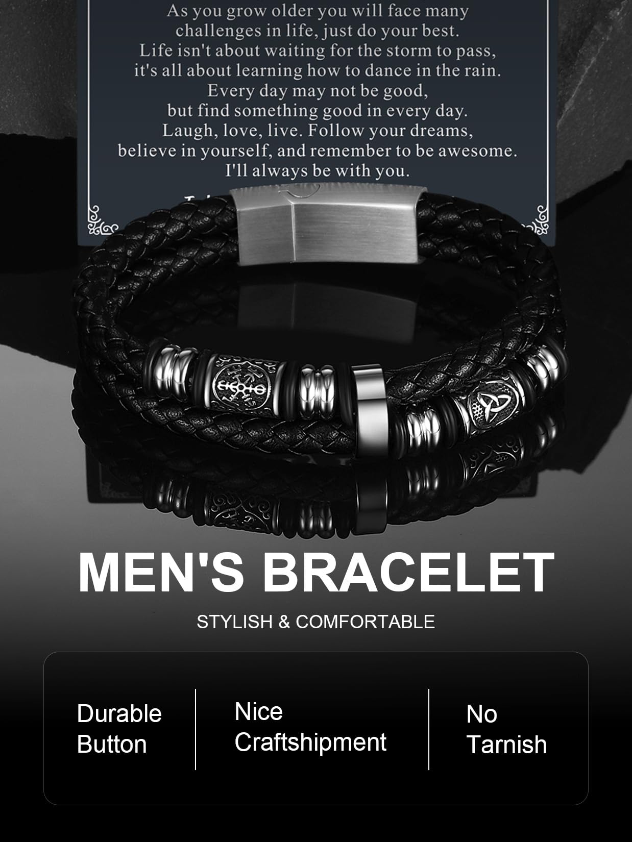 ChainsPro Leather Bracelet Gifts for Men,Black Braided Bracelets Stainless Steel Celtic & Compass Bracelets Leather,Ideas Jewelry Gifts for Anniversary Christmas Father's Day Birthday Valentines Engraved with To My Son 8.26 inches