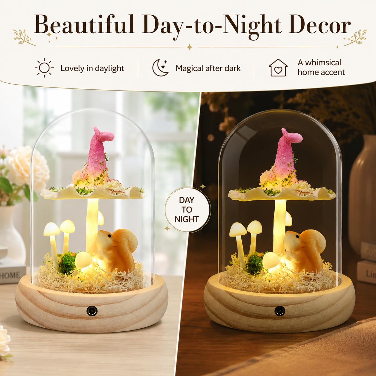 QUELIEN Mushroom Lamp in Glass Dome,Mushroom Gifts for Women - Warm LED Night Light for Bedroom Decor,Birthday Party Decorations,Ideal Birthday Gift Valentines Gift