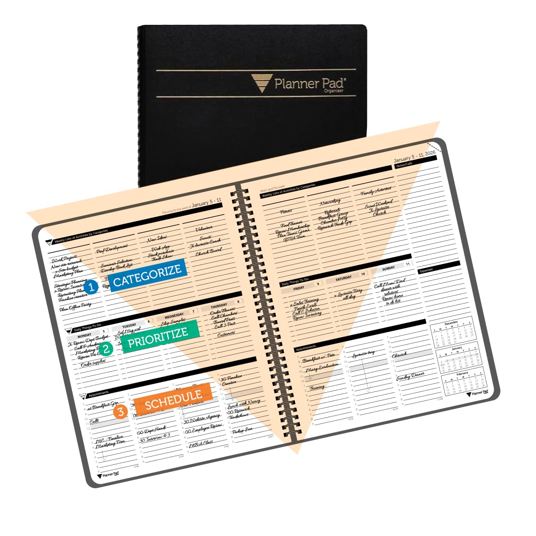 Planner Pad Spiral Bound January-December 2026/ Calendar Year 8 1/2" x 11" Large 3-Tier Funnel Down 12 Month Organizer, Black Cover/Black Ink