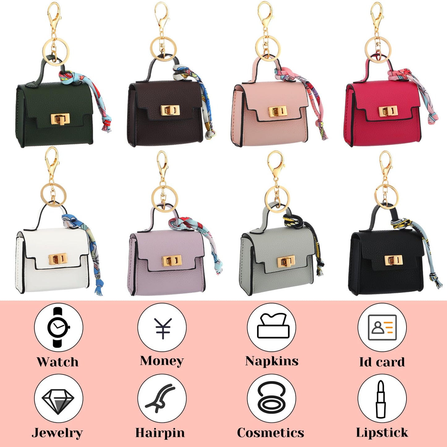 Liliaafar 8 Pcs Mini Backpack Keychain Mini Coin Purses for Women Cute PU Leather Makeup Bag with Keychain, Multi Pocket Card Holder Cable Organizer Giftable Zipper Pouch (Classics)
