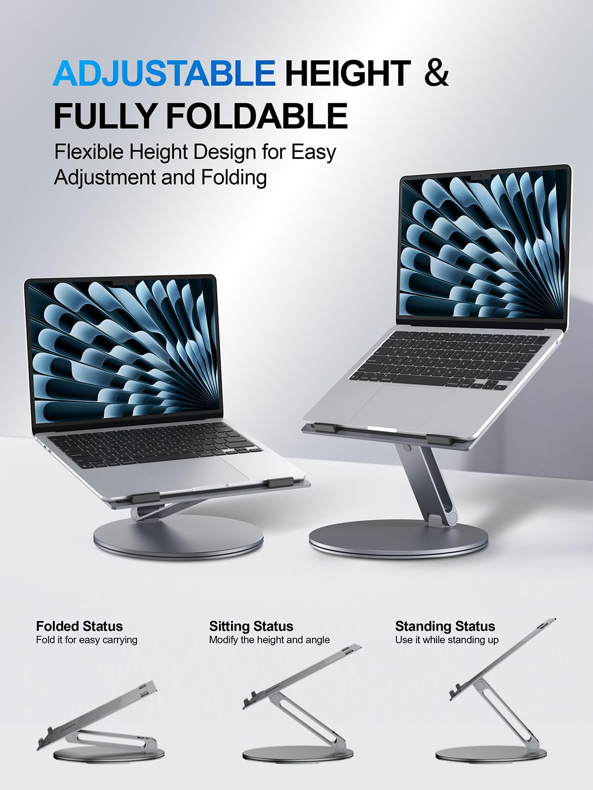 YICOSUN Adjustable Laptop Stand for Desk - 360° Rotating Ergonomic Riser with Aluminum Cooling Vents & Sturdy Construction for 10-16 Inch MacBook Pro/Air, Foldable Portable for Office & Home - Gray