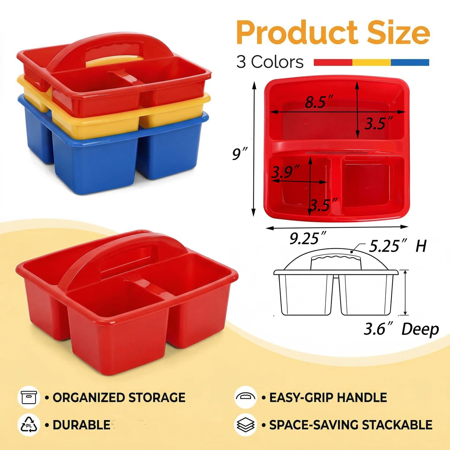 TOPZEA 3 Pack Classroom Caddy, 3 Compartments Plastic Teacher Classroom Supplies Organizer with Handle Small Portable Table Caddy for School & Art Supply, Crafts, Pencil, Office Desk Organization