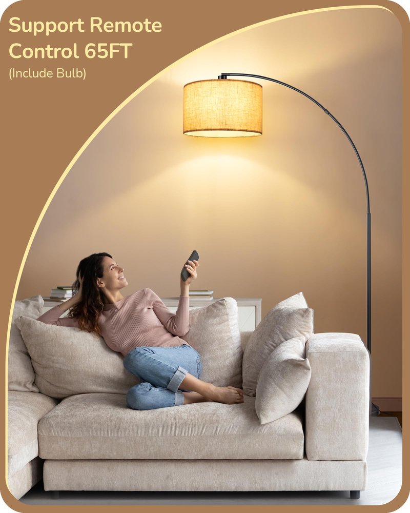 EDISHINE 78.3″ Modern Arc Floor Lamp with Remote, Tall Black Standing Lamp with Stepless Dimmable Bulb & 5 Color Temperature, Curved Mid Century Floor Lamps for Living Room, Bedroom, Nursey