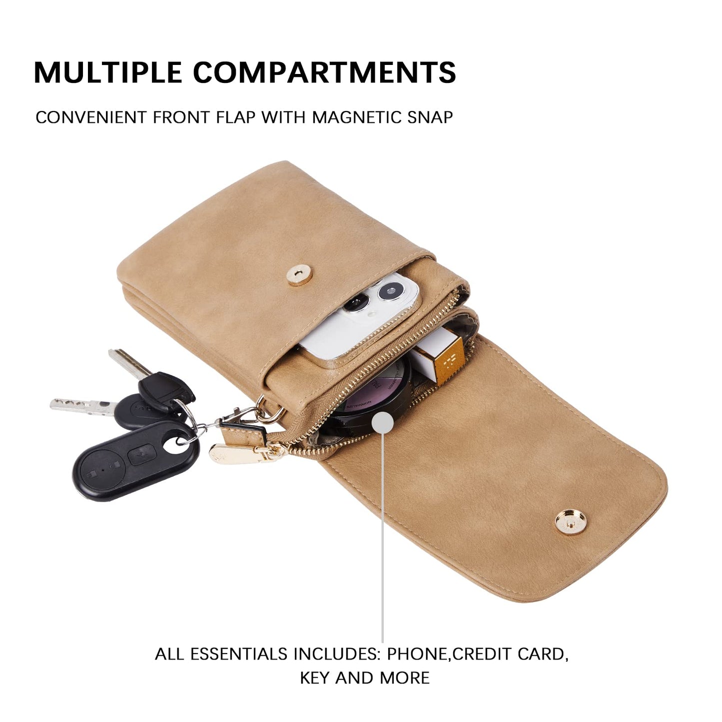 BOSTANTEN Vegan Leather Small Crossbody Bags for Women Designer Cell Phone Bag Wallet Purses Adjustable Strap Camel Brown