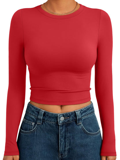 Trendy Queen Womens Long Sleeve Crop Tops Basic Slim Fitted Shirts Fashion 2025 Going Out Y2k Tops Teen Girl Clothes