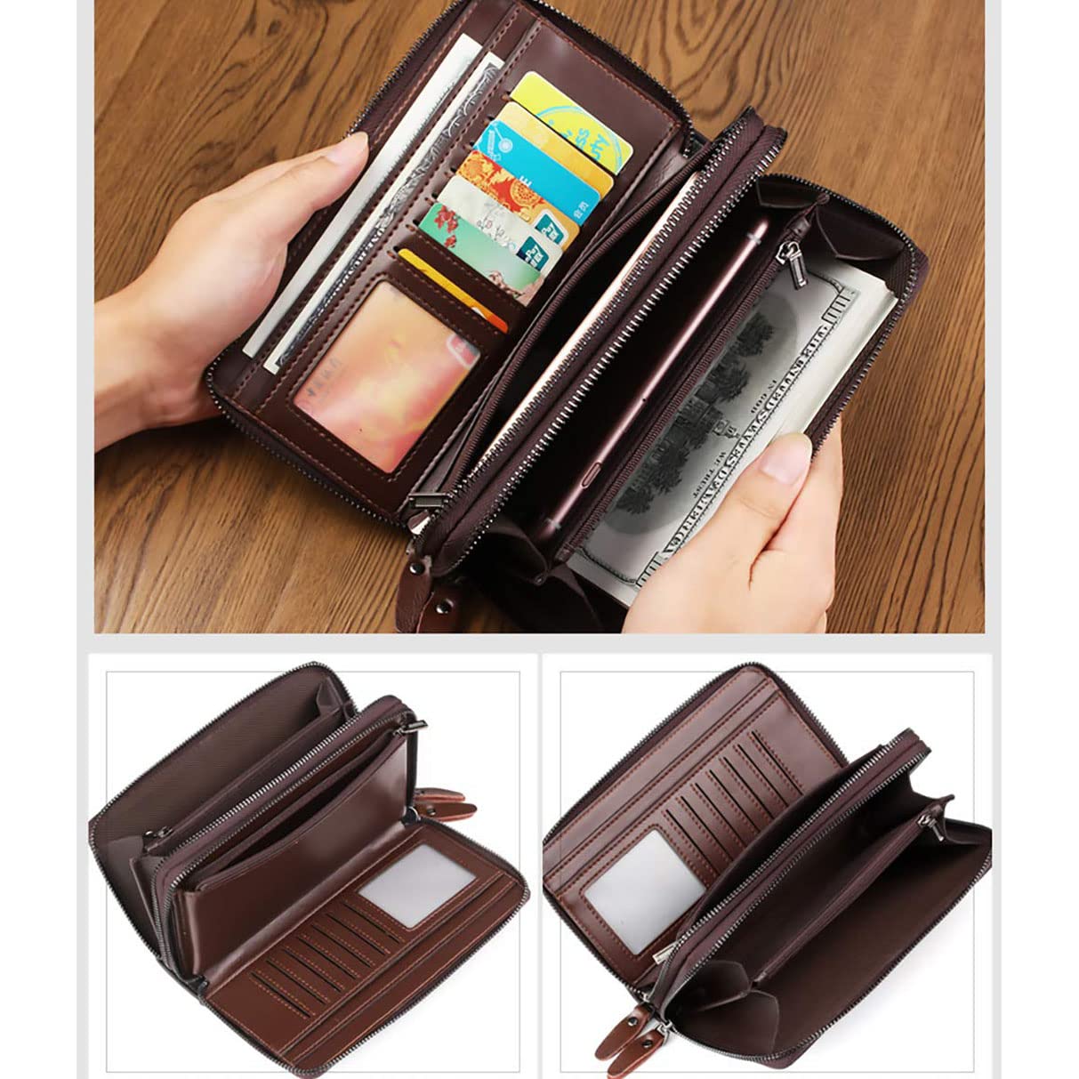 Large Wallet Clutch Long Leather Cellphone Purse Business Hand Cluth Bag Cell Phone Holster Creit Card Holder Card Lots Case Travel Wallet Gift for Men Women Father Husband Boyfriend (Double-Brown)