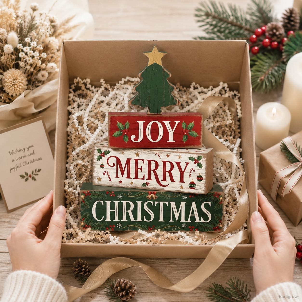 4 Pcs Christmas Decor Joy Merry Christmas Wooden Block Signs Farmhouse Rustic Tabletop Centerpiece Xmas Tiered Tray Decor with Green Tree for Home Kitchen Mantel Shelf Party Gift