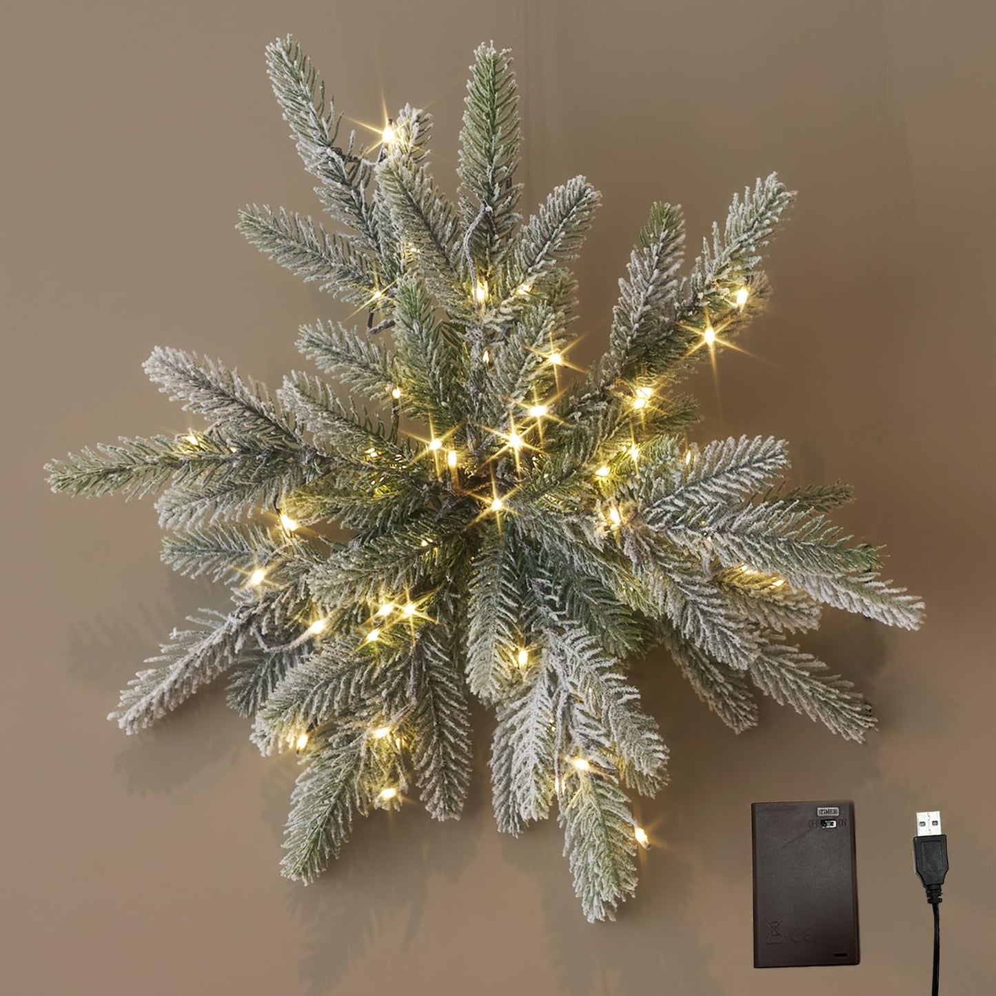 Hairui Snow Dusted Pine Snowflake Lights with Timer Battery Operated and USB Plug in 60 LED Fairy Lights 16IN for Window Christmas Decoration