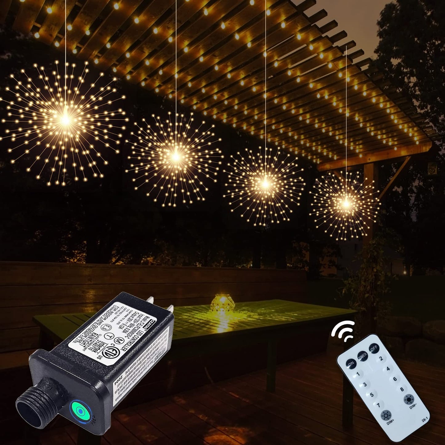 SHUKAN 4 Pcs 800 LED Plug-in Starburst Sphere Lights, Firework Light 8 Modes Dimmable Remote Control Waterproof Hanging Fairy Light, Copper Wire Lights for Patio Party Tent Christmas (Warm White)