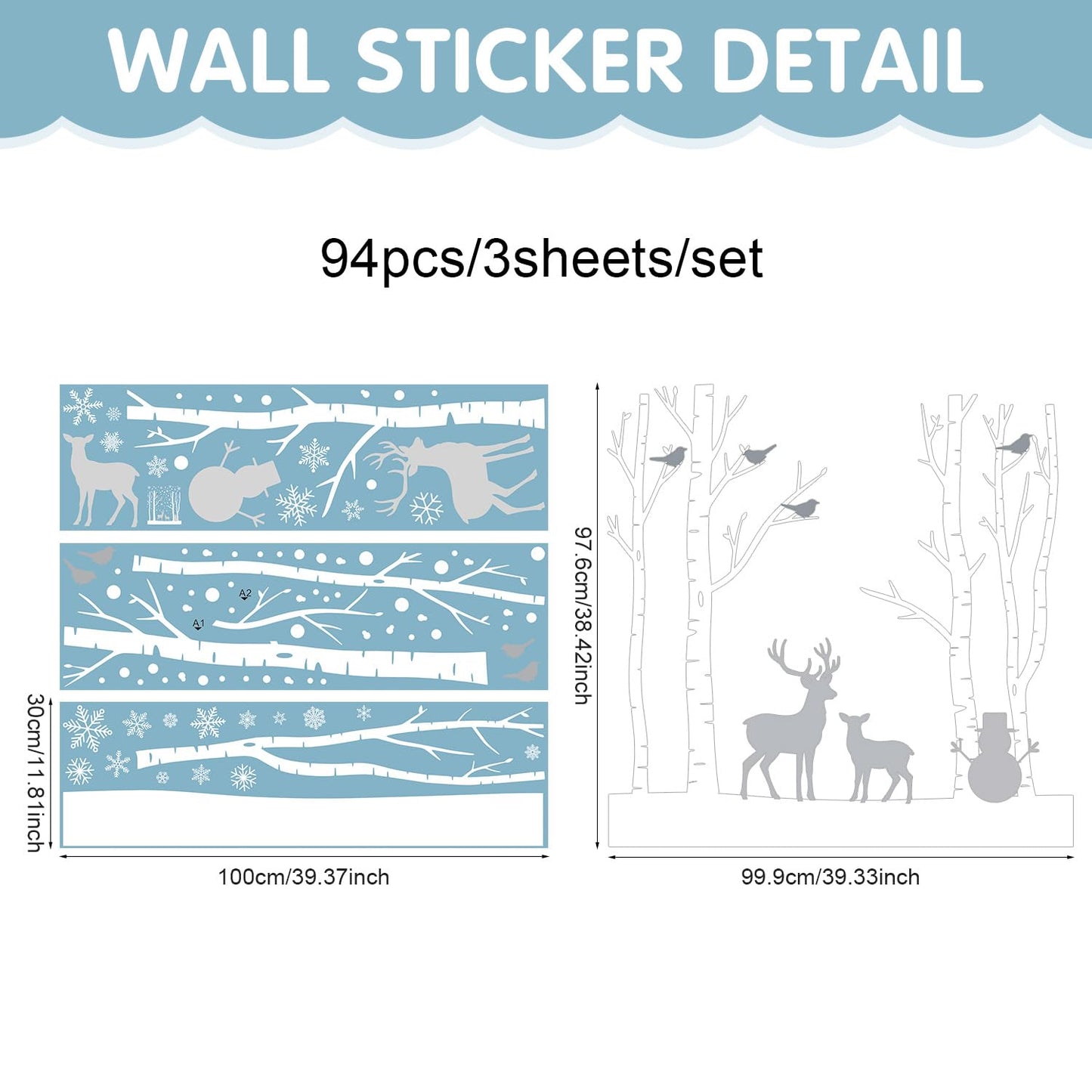 Kasubeso Merry Christmas Wall Decals, Black Santa Reindeer and Snowflake Window Clings, Removable Vinyl Wall Stickers for Holiday Party Bedroom Living Room Offices Home Decoration