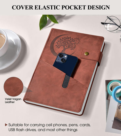 PAIBAS A5 Leather Lined Journal Notebook, 5.9"x8.4" 366 Pages 100GSM College Ruled Hardcover Diary with 3 Ribbon Bookmarks, Brass Snap & Front Pocket, Journals for Writing Work Travel Men Women