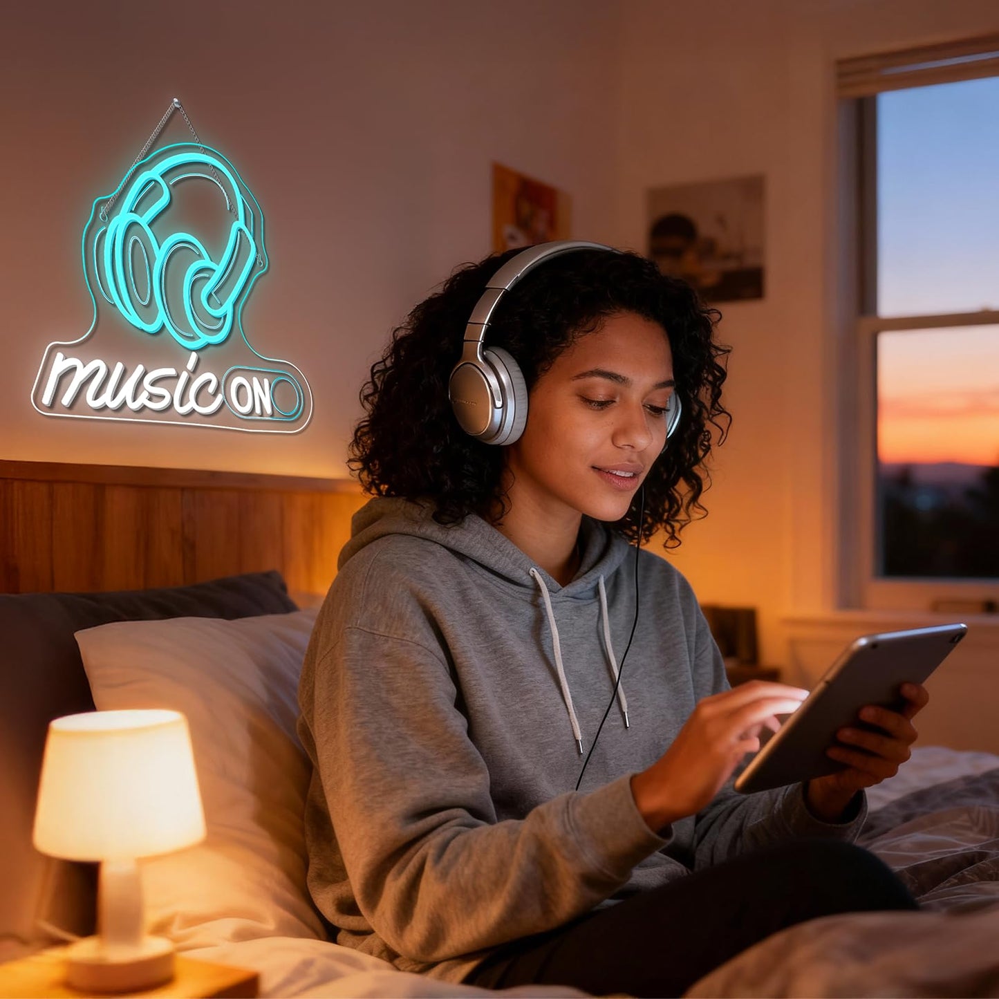 Horseneon Music On Neon Sign Rhythmic LED Wall Decor for DJ Studios, Music Rooms & Gamer Setups, USB-Powered with Adjustable Brightness, Headphones Design