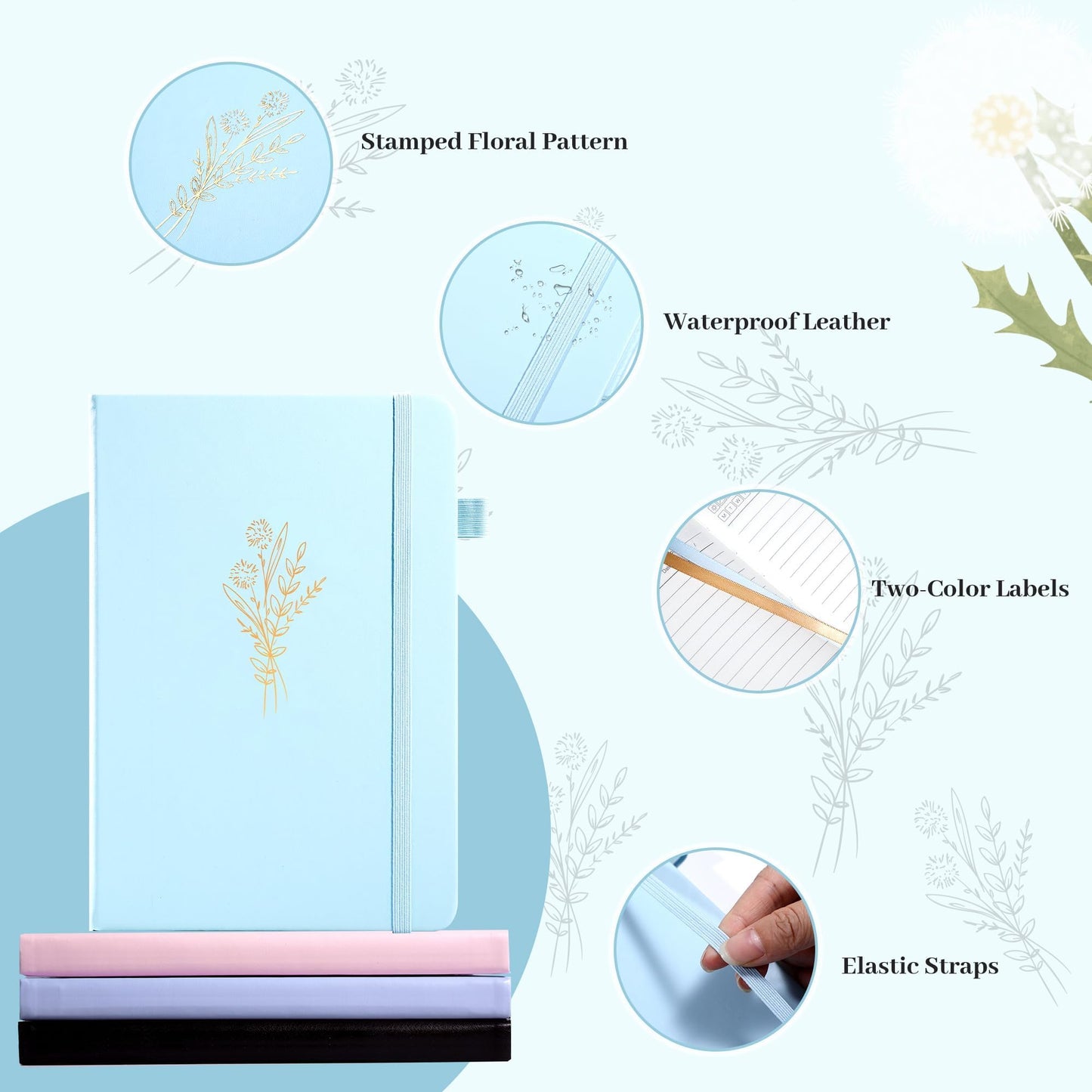 Lined Journal Notebook for Women Cute Leather Journaling Notebooks for Writing 192 Pages A5 Hardcover Aesthetic Floral Diary, 5.7 x 8.3 in, Blue