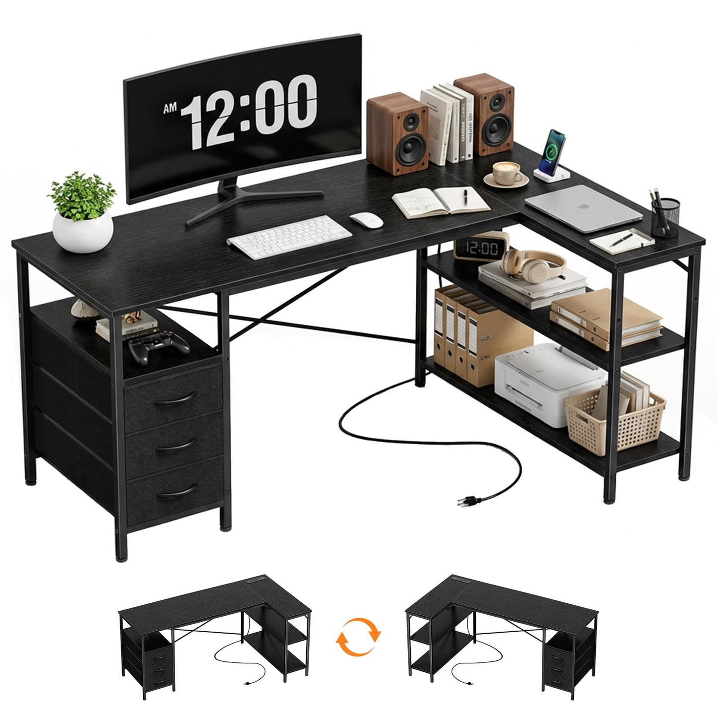 Alpen Computer Desk with Drawers, L Shaped Desk for Bedroom with Power Outlets, Gaming Table with 3 Drawers and Shelves, Corner Desk for Gaming, Study Writing PC Table, 47 Inch, Black