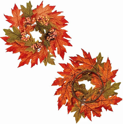 2Pcs Thanksgiving Candle Wreath, 10 Inch Fall Maple Leaf witn Artificial Berries for Cabinets Farmhouse Festive Candlesticks Centerpieces for Thanksgiving, Wedding Party, Dinner Table Decor