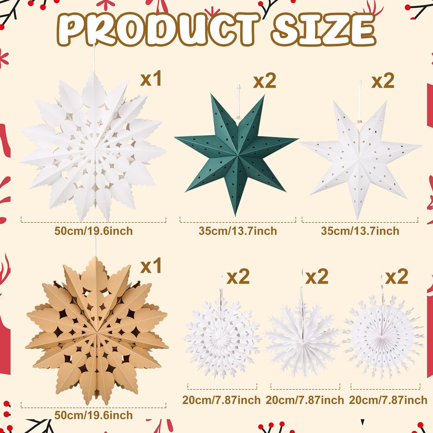 Glooglitter 12 Pcs Paper Star Lantern 3D Christmas Paper Snowflake Lanterns White Hanging Lamp Ornaments for Xmas Tree New Year Holiday Party Decorations (White, Kraft, Green)